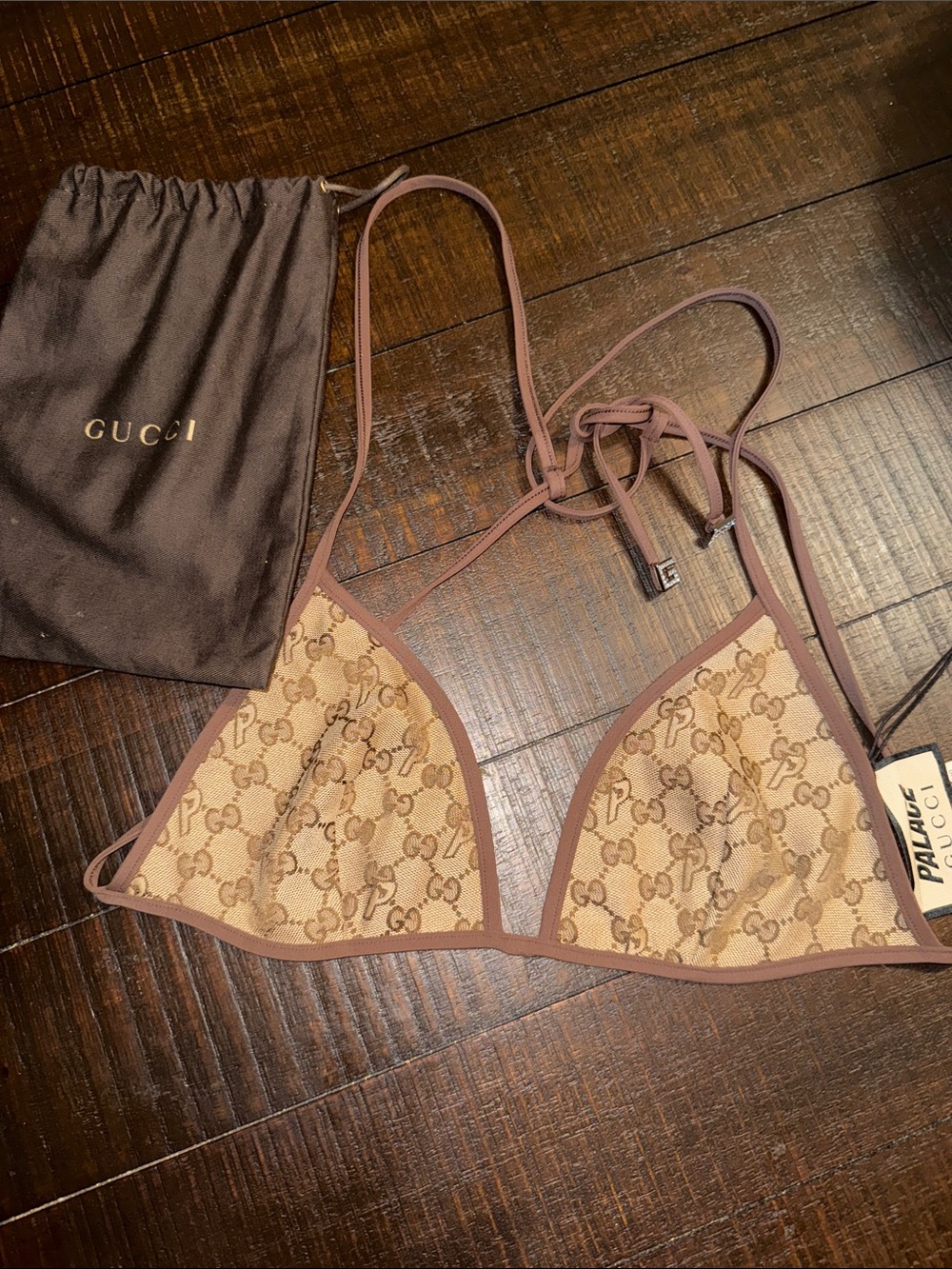 Gucci Beige & Brown GG Canvas Triangle Bikini Top HOT🔥